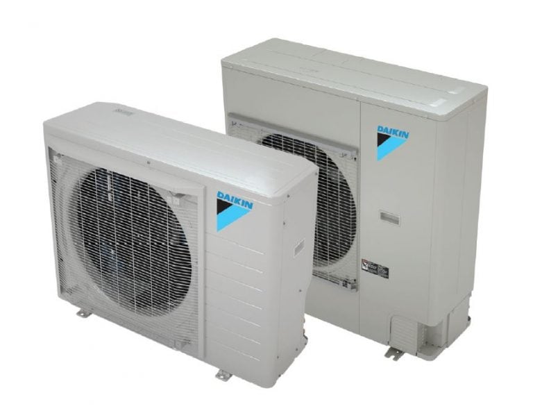 Daikin heat pump outdoor units used for energy-efficient home heating and cooling.