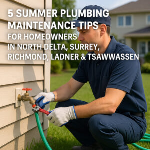 Plumber performing outdoor faucet maintenance as part of summer plumbing tips for homeowners in North Delta, Surrey, Richmond, Ladner, and Tsawwassen.