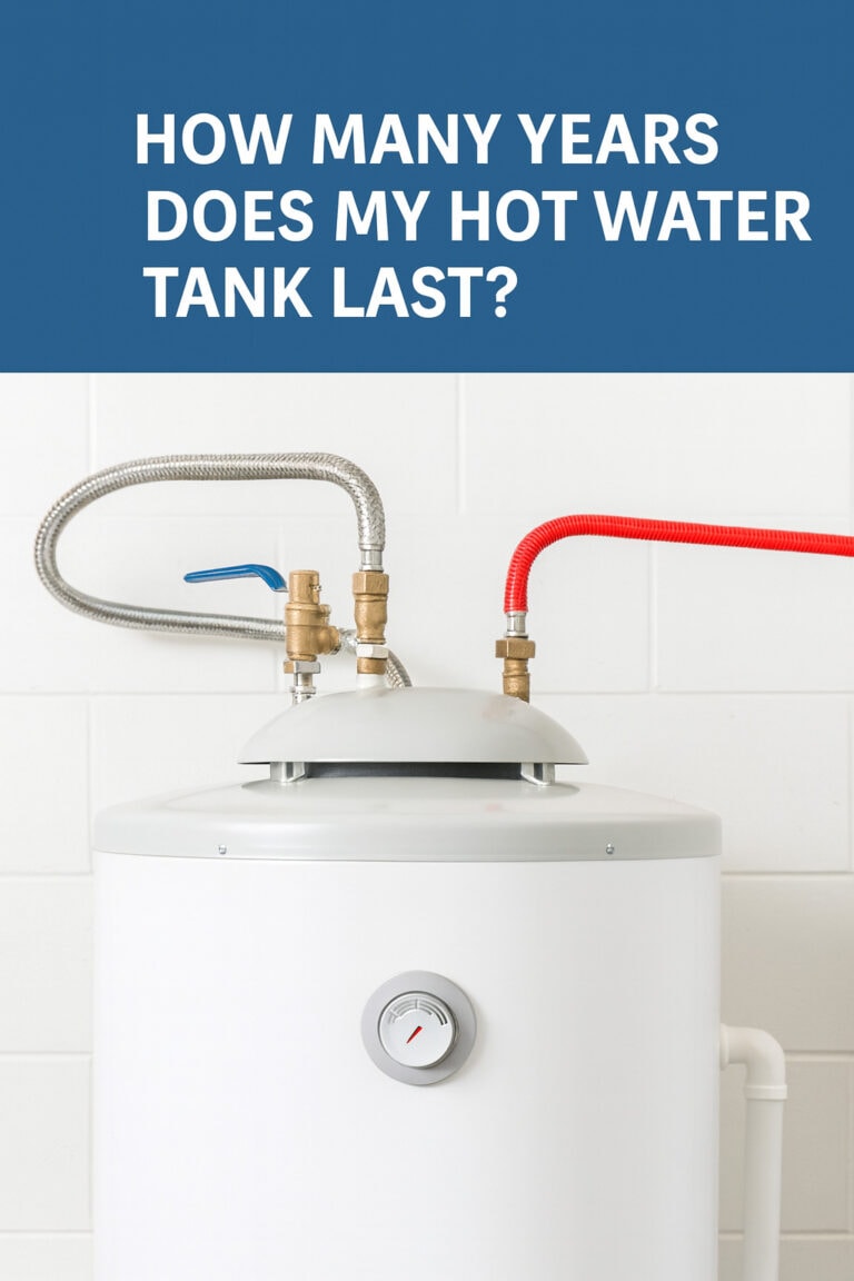 Hot water tank with red and silver supply lines, illustrating how long water heaters last and when replacement may be needed.