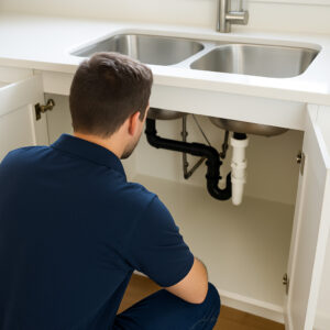 Plumber inspecting pipes under a kitchen sink to identify the source of a household water leak.