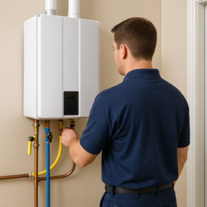 Technician inspecting a tankless water heater unit during maintenance, representing how long a hot water tank lasts and when to replace it.