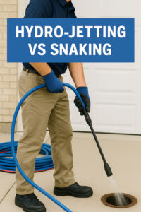 Plumber using a hydro-jetting hose to clear a drain, illustrating the difference between hydro-jetting and snaking methods.