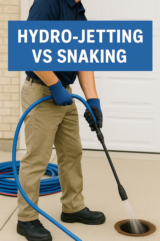 Plumber using a hydro-jetting hose to clear a drain, illustrating the difference between hydro-jetting and snaking methods.